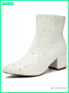 Rhinestone Sparkly Ankle Boots Pointed Toe Low Chunky Heel Booties